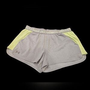 Under Armour HeatGear Athletic‎ Shorts Gray Neon Yellow Mesh Trim Women’s XL